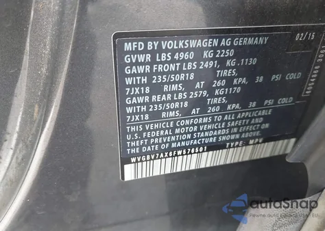 2015 Volkswagen Tiguan Se from USA, damaged, VIN WVGBV7AX6FW576501